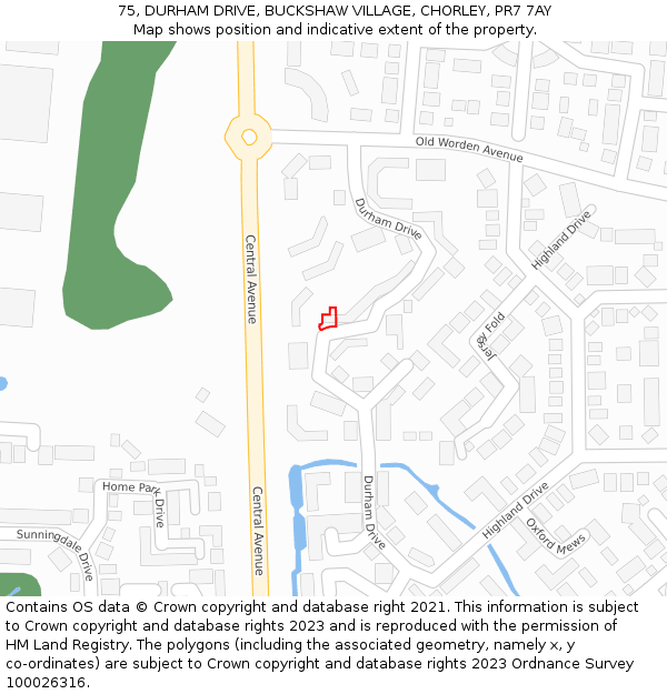 75, DURHAM DRIVE, BUCKSHAW VILLAGE, CHORLEY, PR7 7AY: Location map and indicative extent of plot