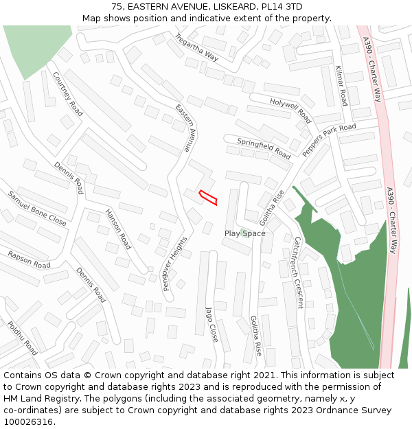75, EASTERN AVENUE, LISKEARD, PL14 3TD: Location map and indicative extent of plot