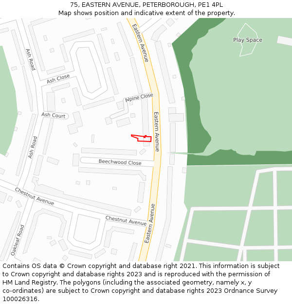 75, EASTERN AVENUE, PETERBOROUGH, PE1 4PL: Location map and indicative extent of plot