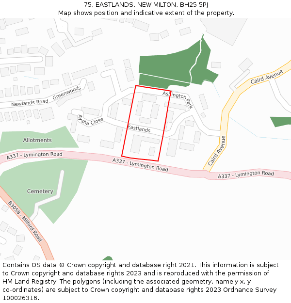 75, EASTLANDS, NEW MILTON, BH25 5PJ: Location map and indicative extent of plot