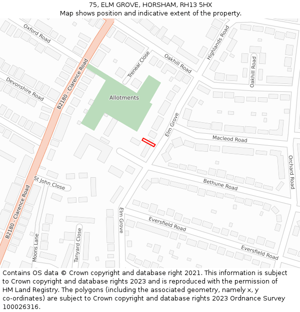 75, ELM GROVE, HORSHAM, RH13 5HX: Location map and indicative extent of plot