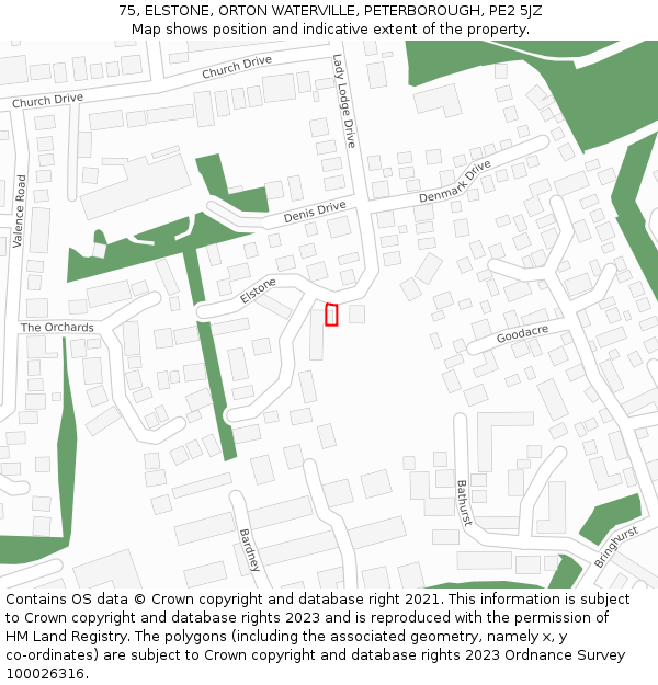 75, ELSTONE, ORTON WATERVILLE, PETERBOROUGH, PE2 5JZ: Location map and indicative extent of plot
