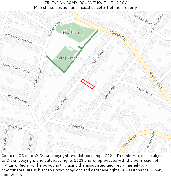 75, EVELYN ROAD, BOURNEMOUTH, BH9 1SY: Location map and indicative extent of plot