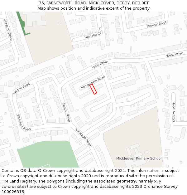75, FARNEWORTH ROAD, MICKLEOVER, DERBY, DE3 0ET: Location map and indicative extent of plot