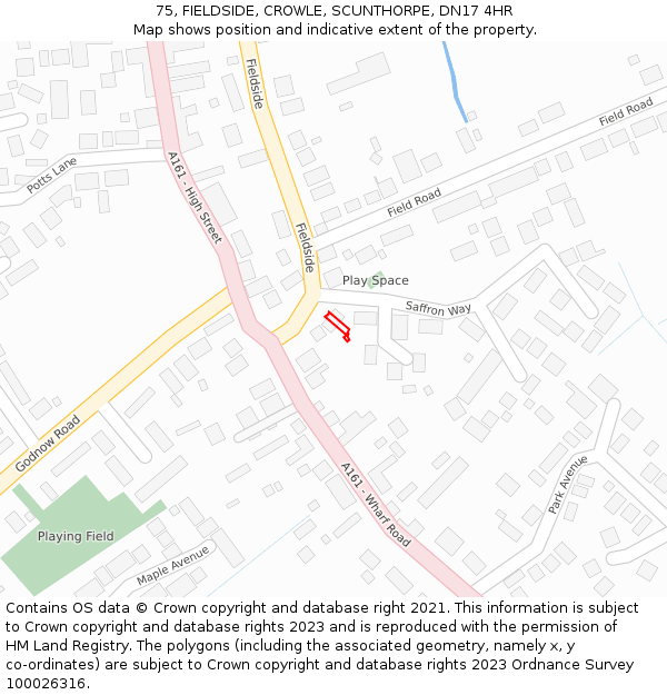 75, FIELDSIDE, CROWLE, SCUNTHORPE, DN17 4HR: Location map and indicative extent of plot