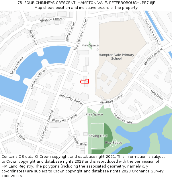 75, FOUR CHIMNEYS CRESCENT, HAMPTON VALE, PETERBOROUGH, PE7 8JF: Location map and indicative extent of plot