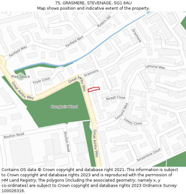 75, GRASMERE, STEVENAGE, SG1 6AU: Location map and indicative extent of plot