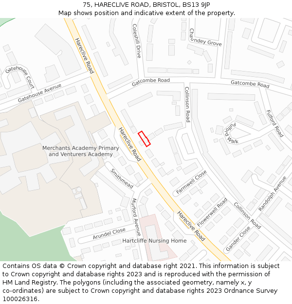75, HARECLIVE ROAD, BRISTOL, BS13 9JP: Location map and indicative extent of plot