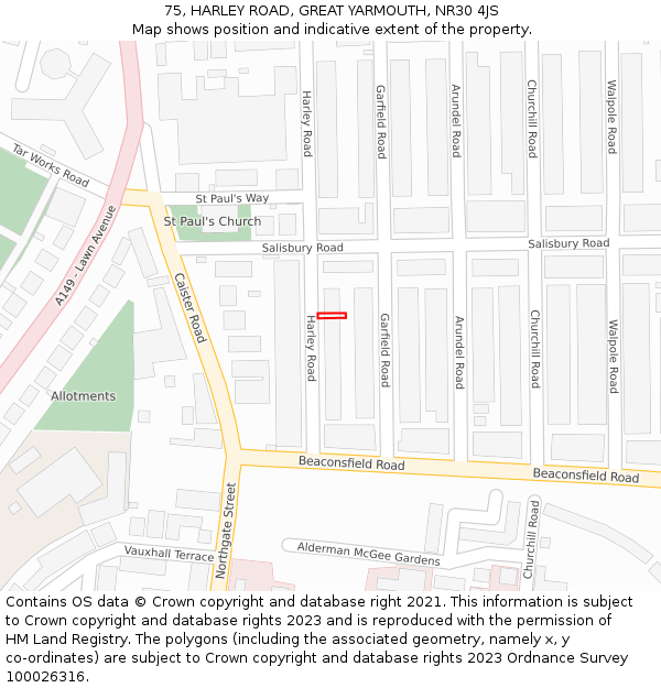 75, HARLEY ROAD, GREAT YARMOUTH, NR30 4JS: Location map and indicative extent of plot