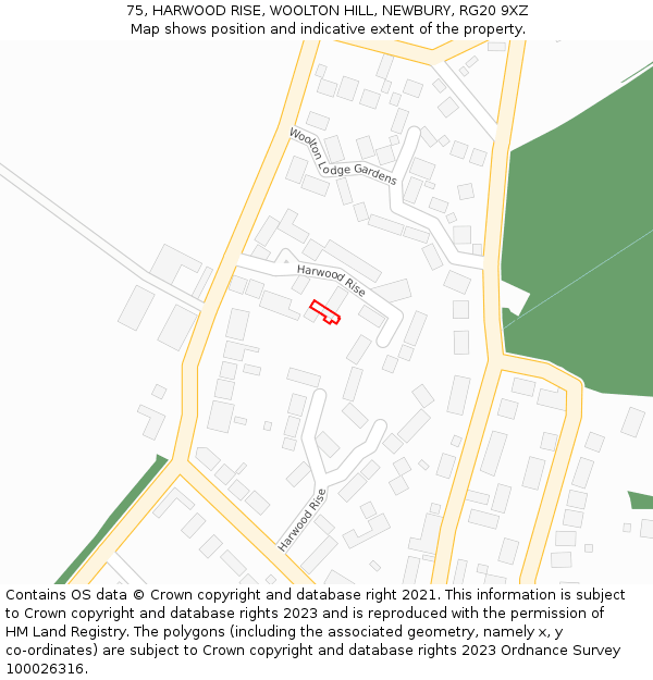 75, HARWOOD RISE, WOOLTON HILL, NEWBURY, RG20 9XZ: Location map and indicative extent of plot