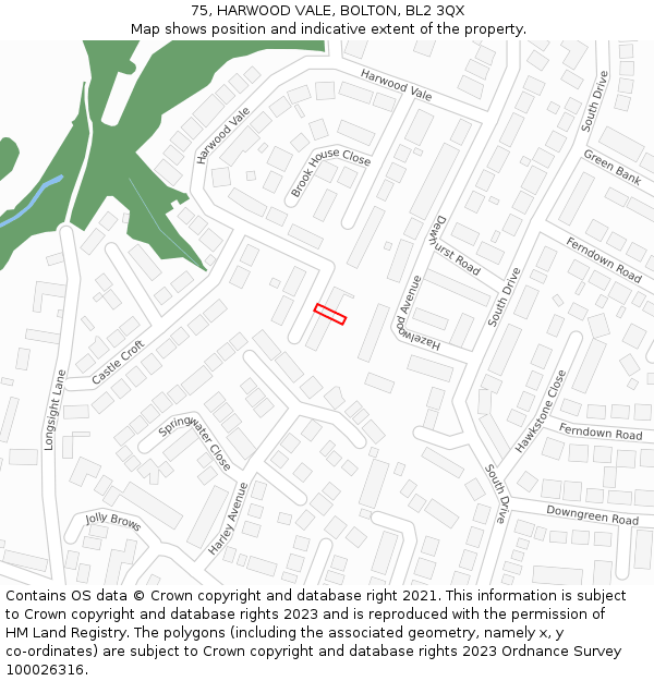 75, HARWOOD VALE, BOLTON, BL2 3QX: Location map and indicative extent of plot