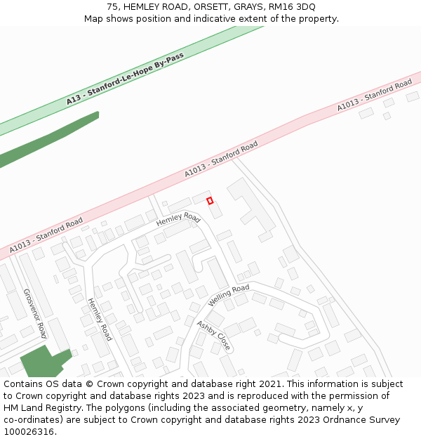 75, HEMLEY ROAD, ORSETT, GRAYS, RM16 3DQ: Location map and indicative extent of plot