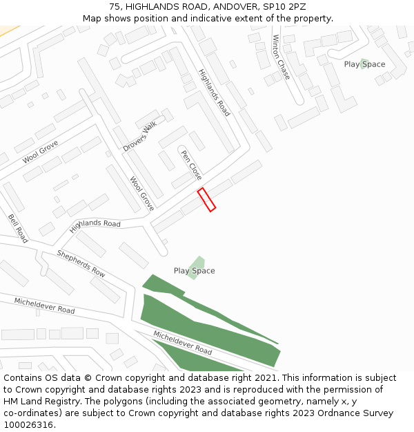 75, HIGHLANDS ROAD, ANDOVER, SP10 2PZ: Location map and indicative extent of plot
