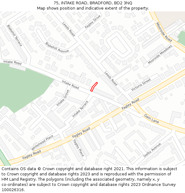 75, INTAKE ROAD, BRADFORD, BD2 3NQ: Location map and indicative extent of plot