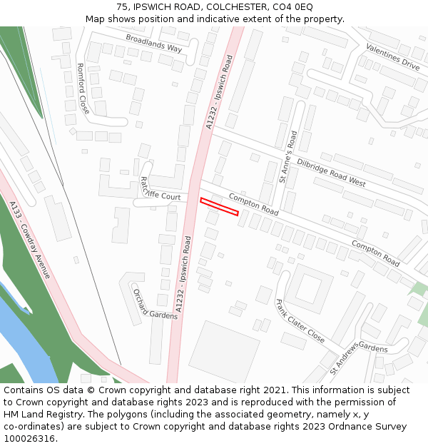 75, IPSWICH ROAD, COLCHESTER, CO4 0EQ: Location map and indicative extent of plot
