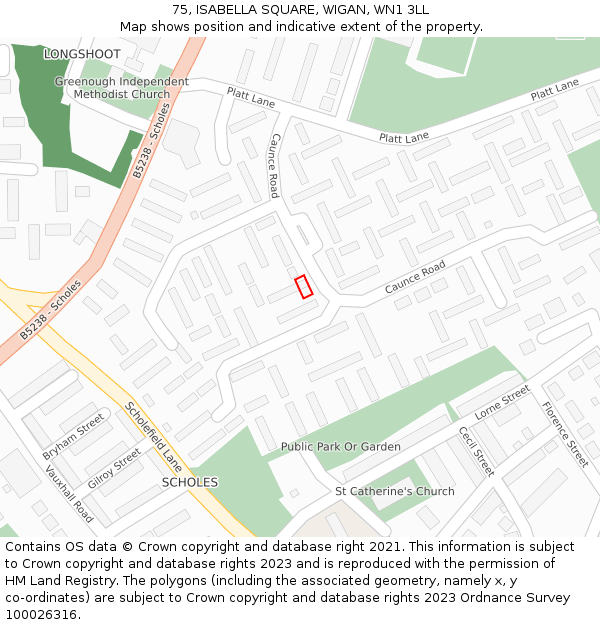75, ISABELLA SQUARE, WIGAN, WN1 3LL: Location map and indicative extent of plot