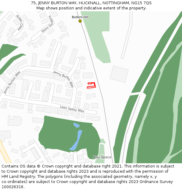 75, JENNY BURTON WAY, HUCKNALL, NOTTINGHAM, NG15 7QS: Location map and indicative extent of plot