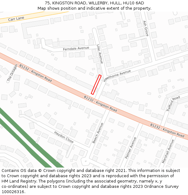75, KINGSTON ROAD, WILLERBY, HULL, HU10 6AD: Location map and indicative extent of plot