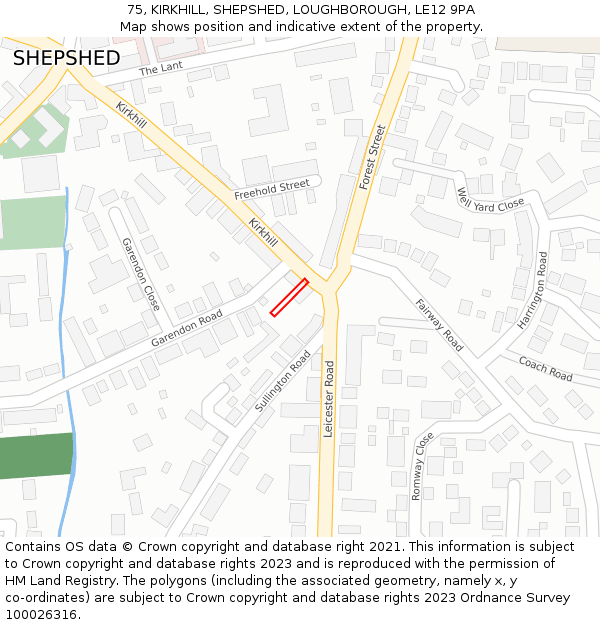 75, KIRKHILL, SHEPSHED, LOUGHBOROUGH, LE12 9PA: Location map and indicative extent of plot