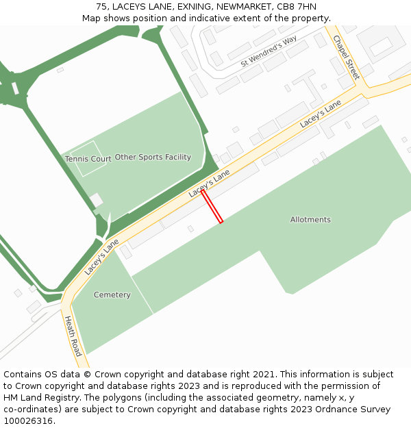 75, LACEYS LANE, EXNING, NEWMARKET, CB8 7HN: Location map and indicative extent of plot