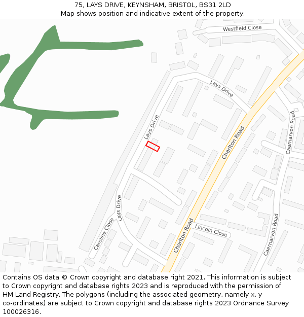 75, LAYS DRIVE, KEYNSHAM, BRISTOL, BS31 2LD: Location map and indicative extent of plot