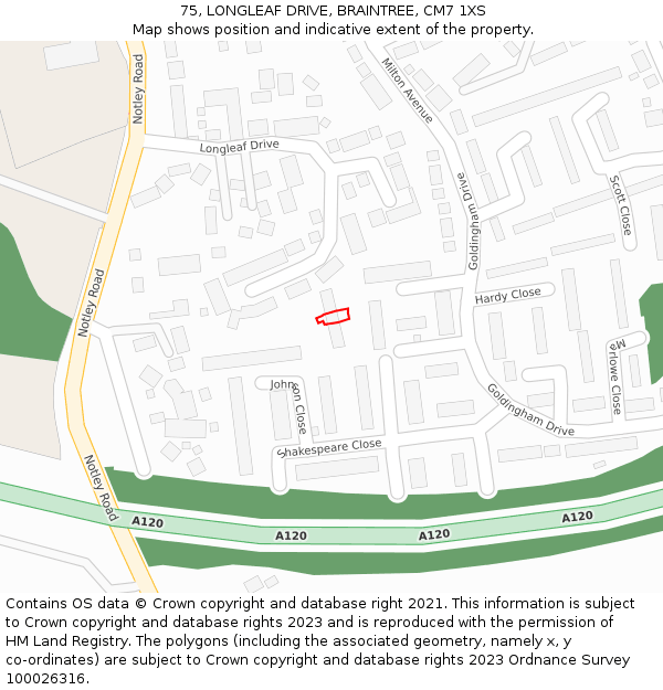 75, LONGLEAF DRIVE, BRAINTREE, CM7 1XS: Location map and indicative extent of plot