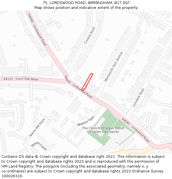 75, LORDSWOOD ROAD, BIRMINGHAM, B17 9QT: Location map and indicative extent of plot