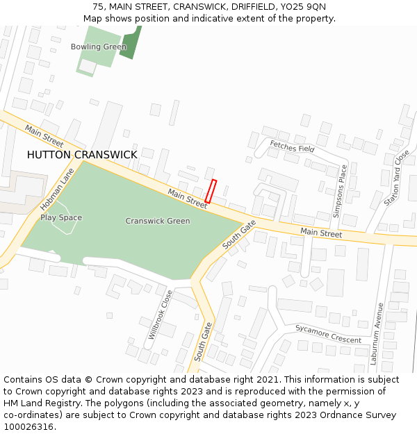 75, MAIN STREET, CRANSWICK, DRIFFIELD, YO25 9QN: Location map and indicative extent of plot