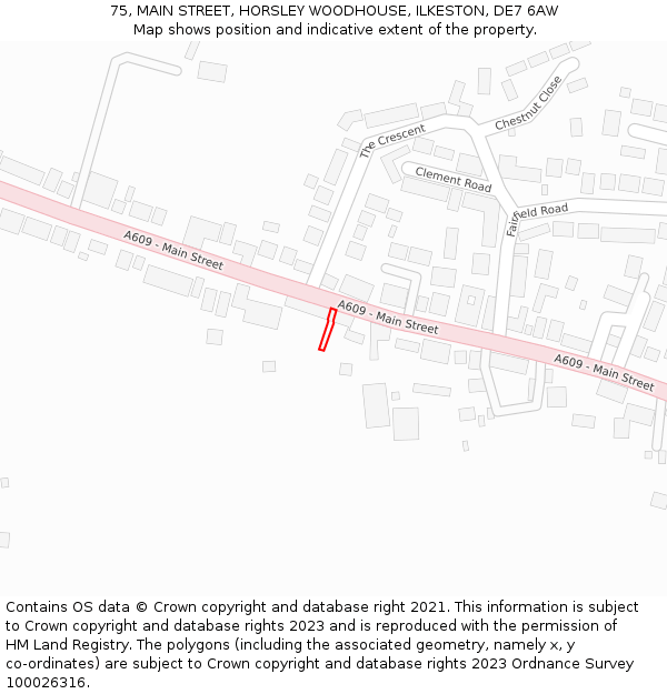 75, MAIN STREET, HORSLEY WOODHOUSE, ILKESTON, DE7 6AW: Location map and indicative extent of plot