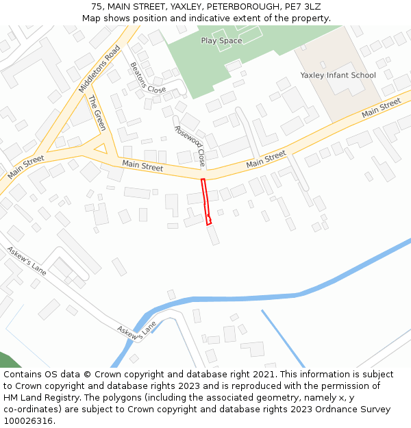 75, MAIN STREET, YAXLEY, PETERBOROUGH, PE7 3LZ: Location map and indicative extent of plot