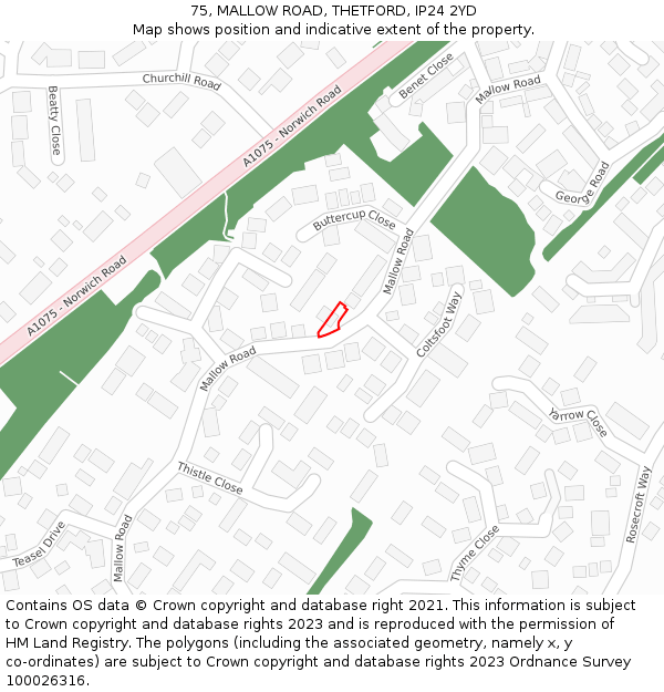 75, MALLOW ROAD, THETFORD, IP24 2YD: Location map and indicative extent of plot