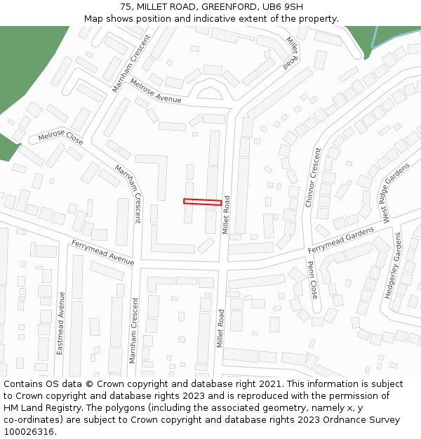 75, MILLET ROAD, GREENFORD, UB6 9SH: Location map and indicative extent of plot