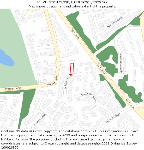 75, MILLSTON CLOSE, HARTLEPOOL, TS26 0PX: Location map and indicative extent of plot