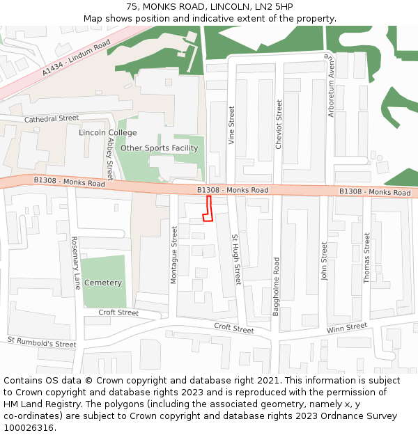 75, MONKS ROAD, LINCOLN, LN2 5HP: Location map and indicative extent of plot