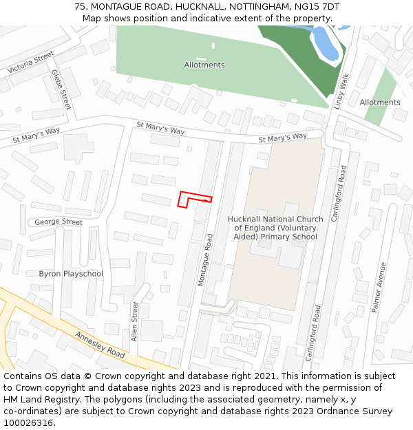 75, MONTAGUE ROAD, HUCKNALL, NOTTINGHAM, NG15 7DT: Location map and indicative extent of plot