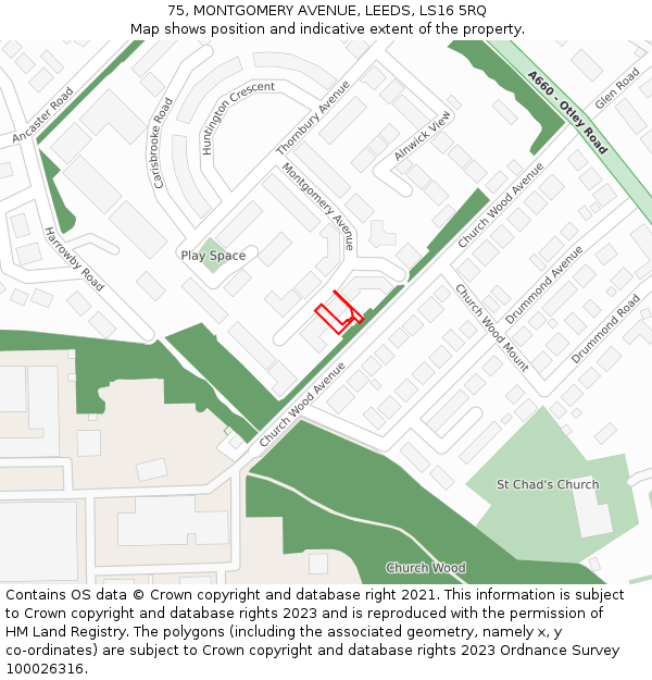 75, MONTGOMERY AVENUE, LEEDS, LS16 5RQ: Location map and indicative extent of plot