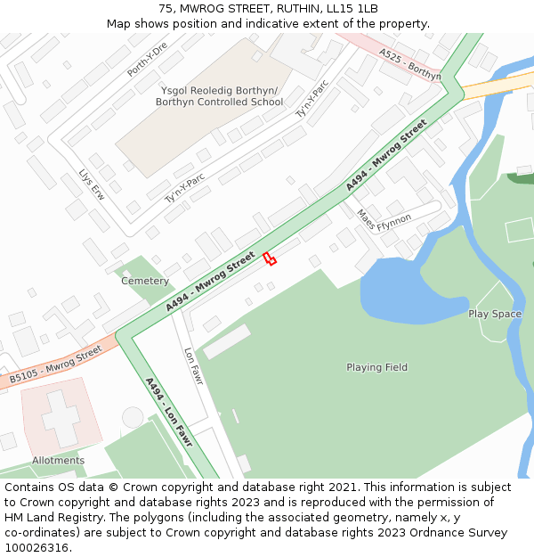 75, MWROG STREET, RUTHIN, LL15 1LB: Location map and indicative extent of plot