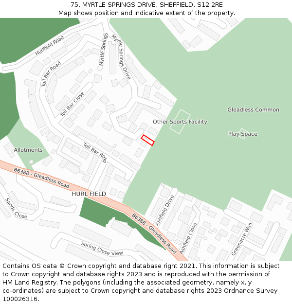 75, MYRTLE SPRINGS DRIVE, SHEFFIELD, S12 2RE: Location map and indicative extent of plot