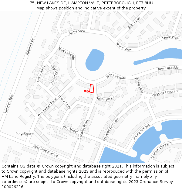 75, NEW LAKESIDE, HAMPTON VALE, PETERBOROUGH, PE7 8HU: Location map and indicative extent of plot