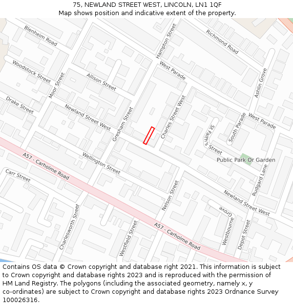75, NEWLAND STREET WEST, LINCOLN, LN1 1QF: Location map and indicative extent of plot