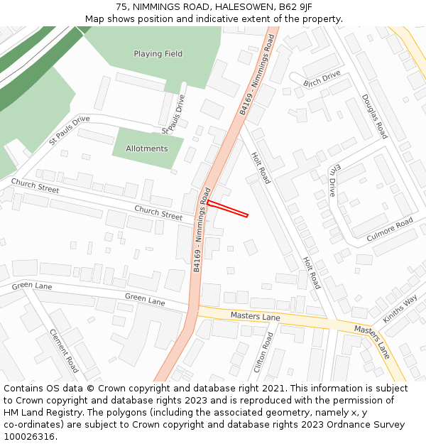 75, NIMMINGS ROAD, HALESOWEN, B62 9JF: Location map and indicative extent of plot