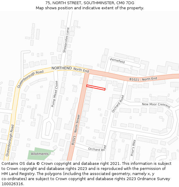 75, NORTH STREET, SOUTHMINSTER, CM0 7DG: Location map and indicative extent of plot