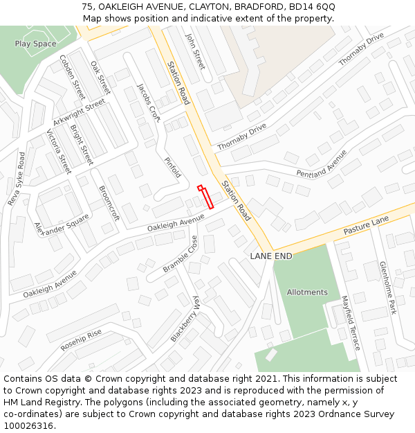 75, OAKLEIGH AVENUE, CLAYTON, BRADFORD, BD14 6QQ: Location map and indicative extent of plot