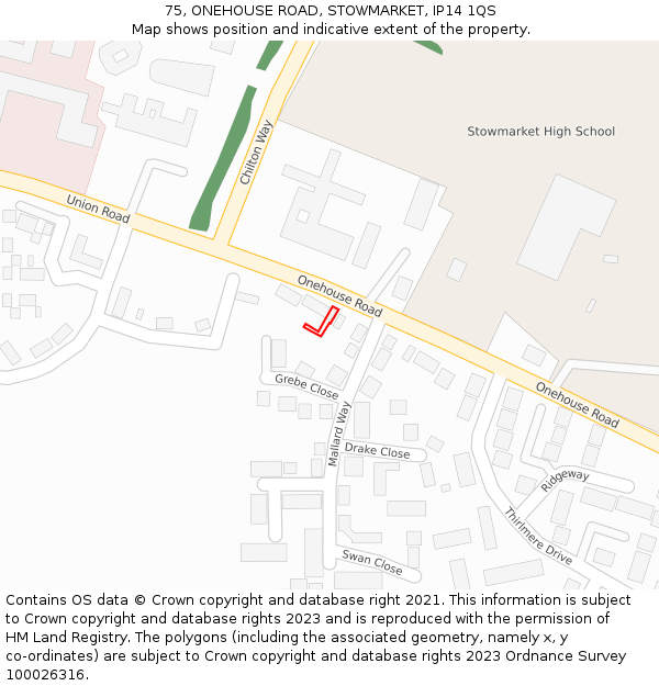 75, ONEHOUSE ROAD, STOWMARKET, IP14 1QS: Location map and indicative extent of plot