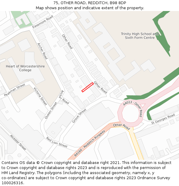 75, OTHER ROAD, REDDITCH, B98 8DP: Location map and indicative extent of plot