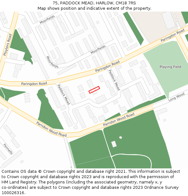 75, PADDOCK MEAD, HARLOW, CM18 7RS: Location map and indicative extent of plot