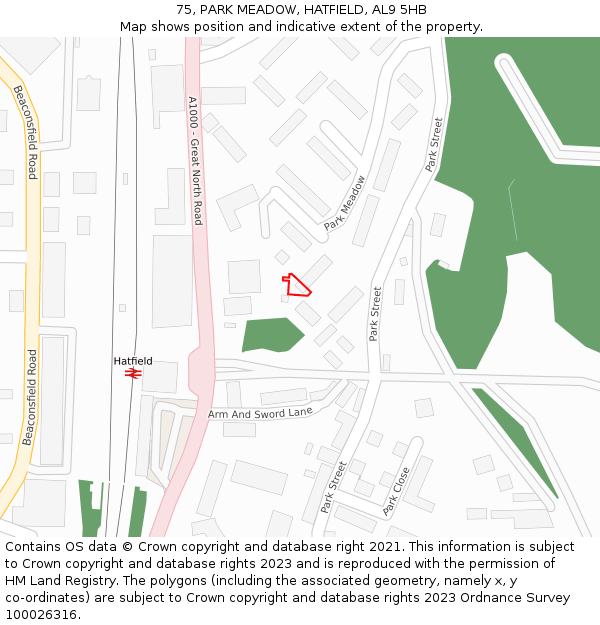 75, PARK MEADOW, HATFIELD, AL9 5HB: Location map and indicative extent of plot