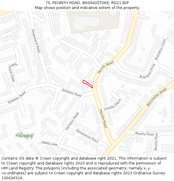 75, PENRITH ROAD, BASINGSTOKE, RG21 8XF: Location map and indicative extent of plot