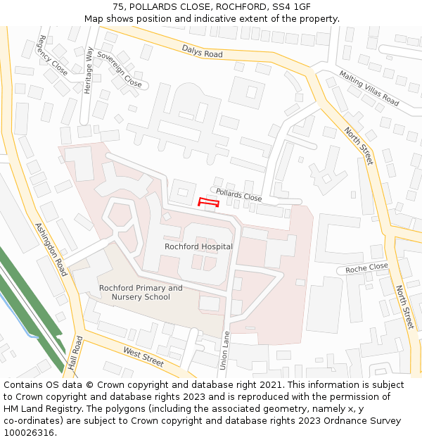 75, POLLARDS CLOSE, ROCHFORD, SS4 1GF: Location map and indicative extent of plot