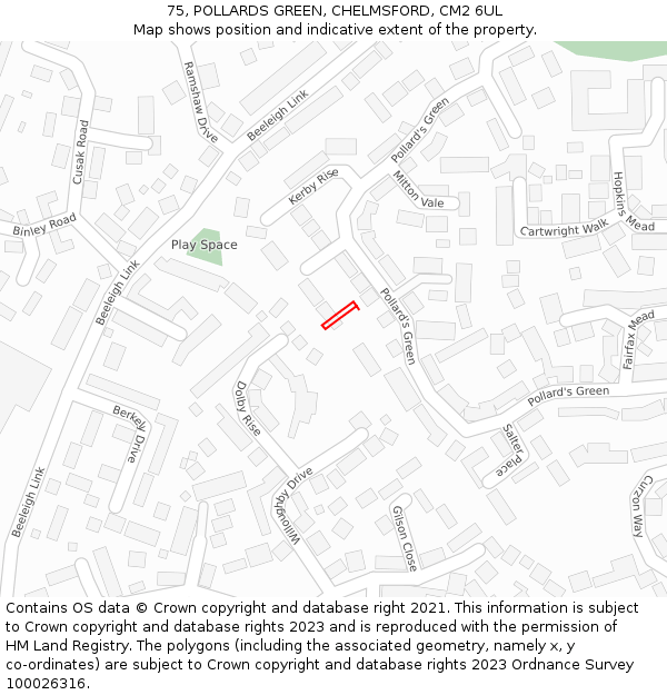 75, POLLARDS GREEN, CHELMSFORD, CM2 6UL: Location map and indicative extent of plot